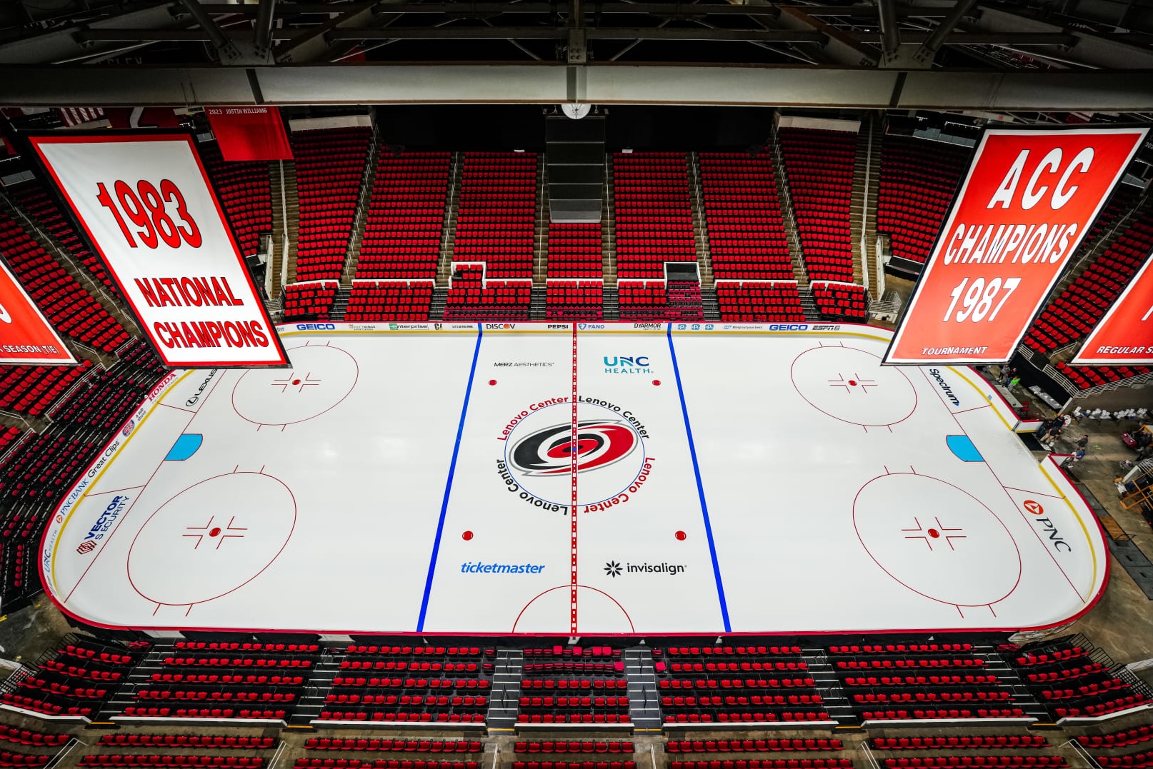 Picture of ice in Lenovo Center from catwalk view.
